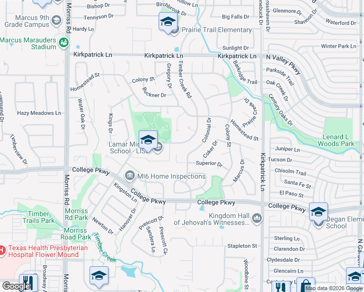 map of restaurants, bars, coffee shops, grocery stores, and more near 5012 Timber Creek Road in Flower Mound