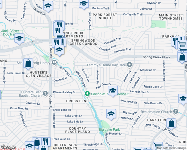 map of restaurants, bars, coffee shops, grocery stores, and more near 5020 Norfolk Drive in Plano