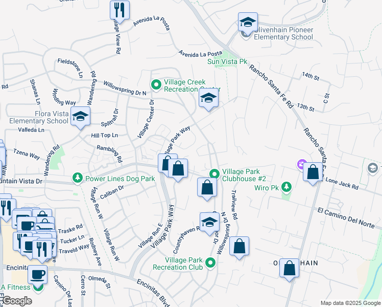 map of restaurants, bars, coffee shops, grocery stores, and more near 2025 Coolngreen Lane in Encinitas