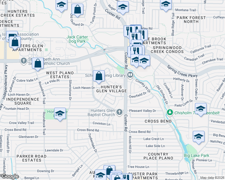 map of restaurants, bars, coffee shops, grocery stores, and more near 2116 Glendale Drive in Plano
