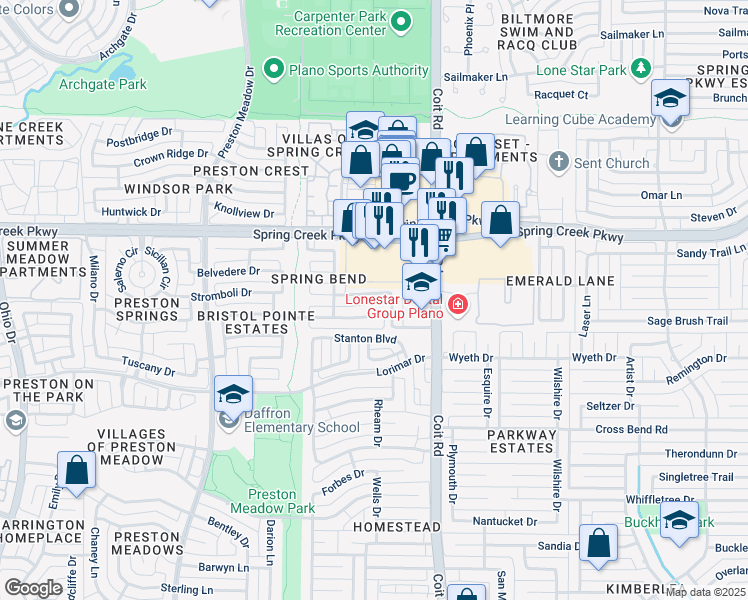 map of restaurants, bars, coffee shops, grocery stores, and more near 4100 Pinewood Drive in Plano