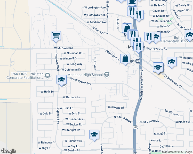 map of restaurants, bars, coffee shops, grocery stores, and more near 19156 North Taft Avenue in Maricopa