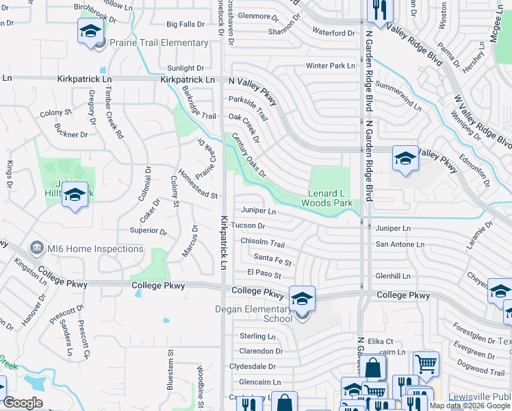 map of restaurants, bars, coffee shops, grocery stores, and more near 1857 Juniper Lane in Lewisville