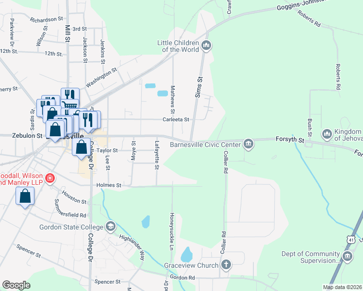 map of restaurants, bars, coffee shops, grocery stores, and more near 517 Forsyth Street in Barnesville