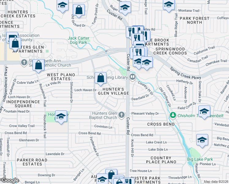 map of restaurants, bars, coffee shops, grocery stores, and more near 2116 Glendale Drive in Plano