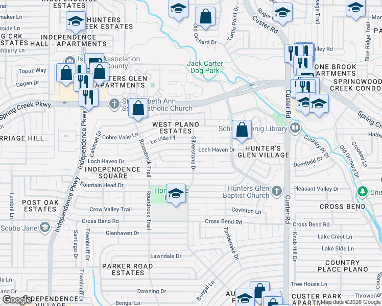 map of restaurants, bars, coffee shops, grocery stores, and more near 2400 Loch Haven Drive in Plano
