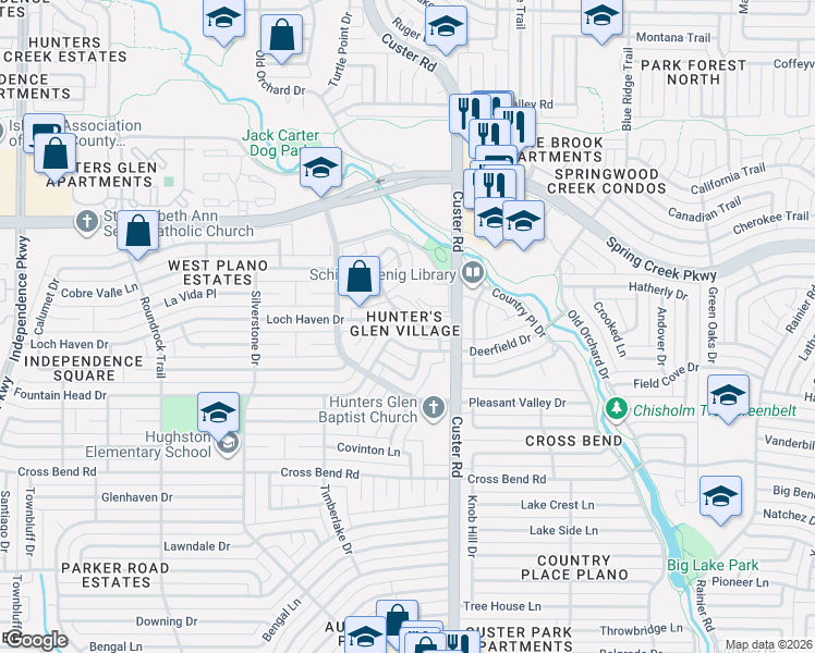 map of restaurants, bars, coffee shops, grocery stores, and more near 2116 Glendale Drive in Plano