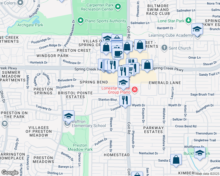 map of restaurants, bars, coffee shops, grocery stores, and more near 4100 Pinewood Drive in Plano