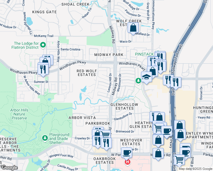map of restaurants, bars, coffee shops, grocery stores, and more near 6416 Willowdale Drive in Plano