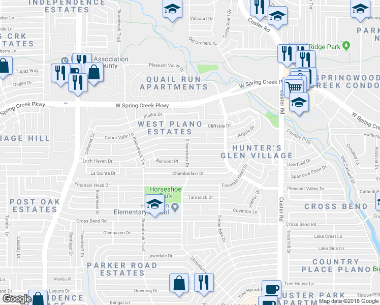 map of restaurants, bars, coffee shops, grocery stores, and more near 2316 Loch Haven Drive in Plano