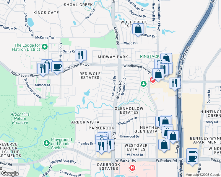 map of restaurants, bars, coffee shops, grocery stores, and more near 6416 Willowdale Drive in Plano