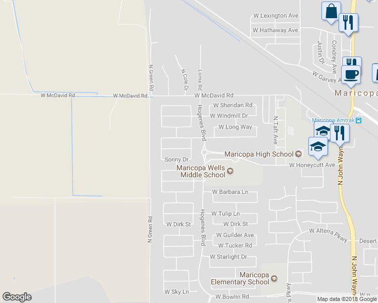 map of restaurants, bars, coffee shops, grocery stores, and more near 45993 Belle Avenue in Maricopa