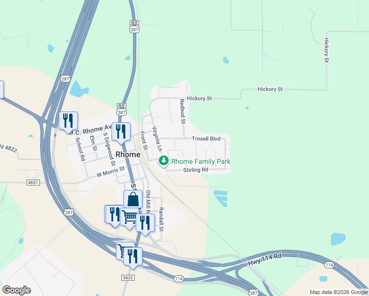 map of restaurants, bars, coffee shops, grocery stores, and more near 113 Kings Way Drive in Rhome