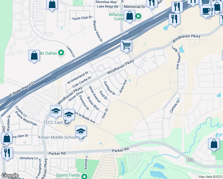 map of restaurants, bars, coffee shops, grocery stores, and more near 405 Eastland Drive in Lewisville