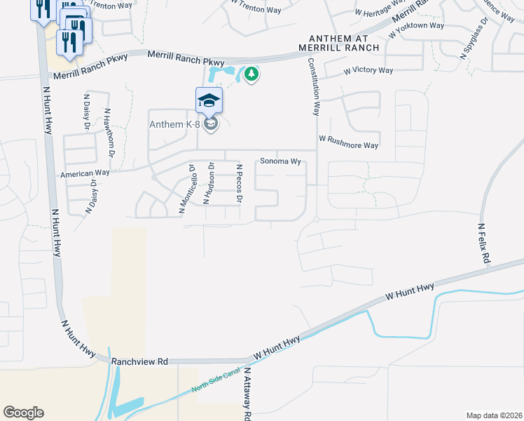 map of restaurants, bars, coffee shops, grocery stores, and more near 7097 West Millerton Way in Florence