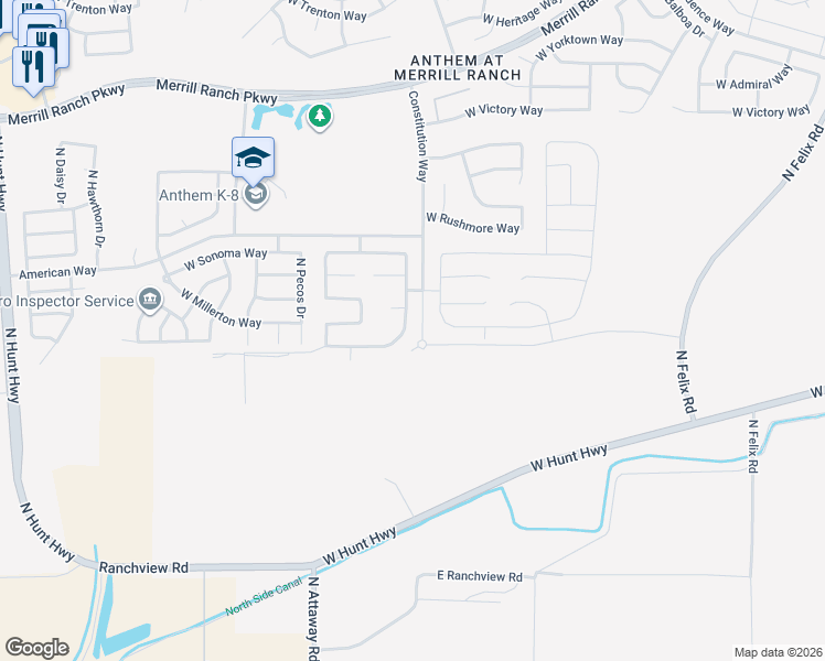 map of restaurants, bars, coffee shops, grocery stores, and more near 2281 North Hidden Canyon Drive in Florence