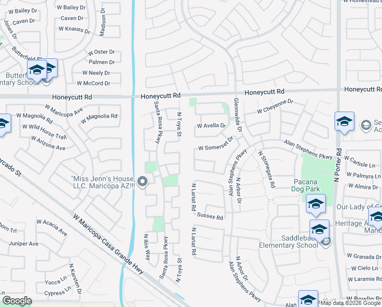map of restaurants, bars, coffee shops, grocery stores, and more near 19192 North Lariat Road in Maricopa