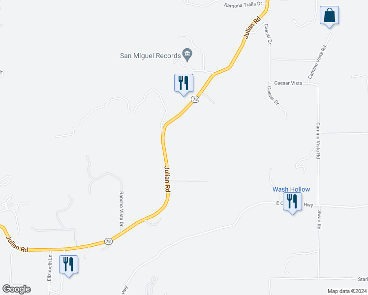 map of restaurants, bars, coffee shops, grocery stores, and more near 23481 California 78 in Ramona