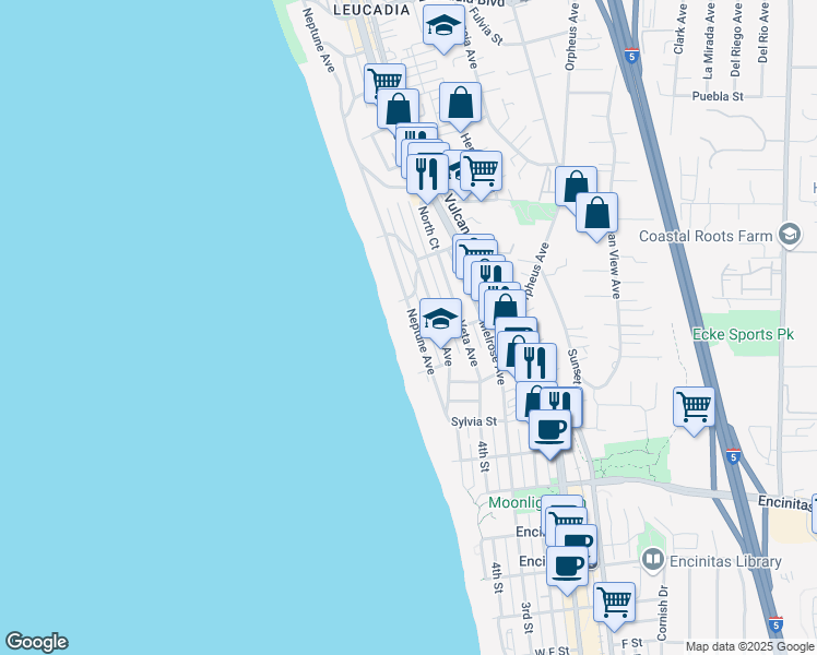 map of restaurants, bars, coffee shops, grocery stores, and more near 282 Neptune Avenue in Encinitas