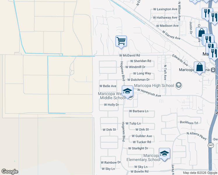 map of restaurants, bars, coffee shops, grocery stores, and more near 46073 Belle Avenue in Maricopa