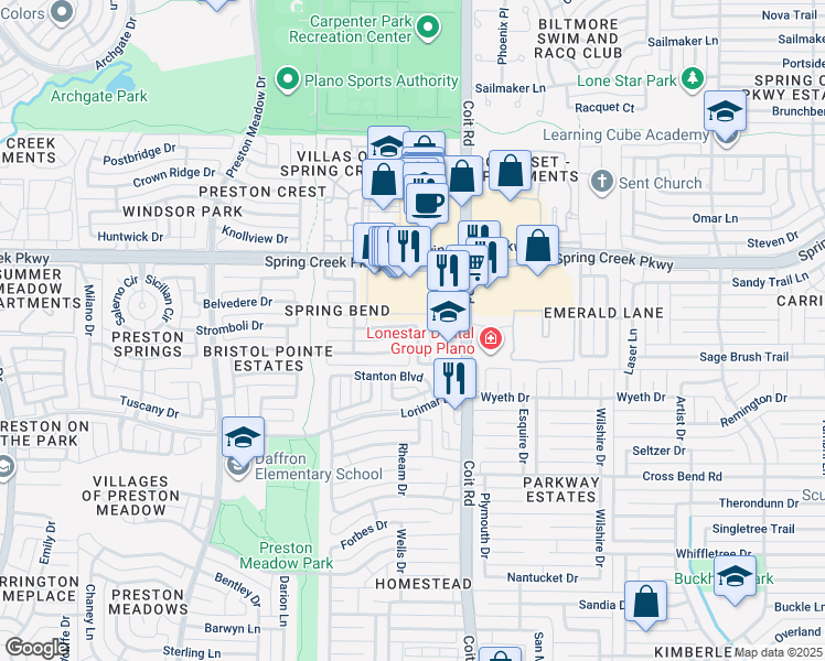 map of restaurants, bars, coffee shops, grocery stores, and more near 4100 Pinewood Drive in Plano