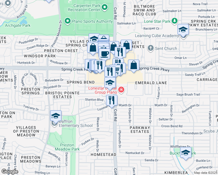 map of restaurants, bars, coffee shops, grocery stores, and more near 5805 Coit Road in Plano