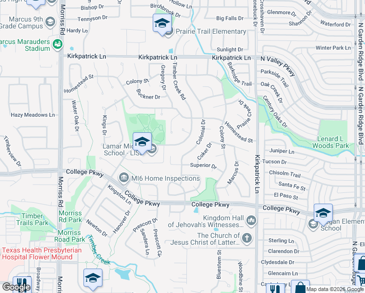 map of restaurants, bars, coffee shops, grocery stores, and more near 5012 Timber Creek Road in Flower Mound