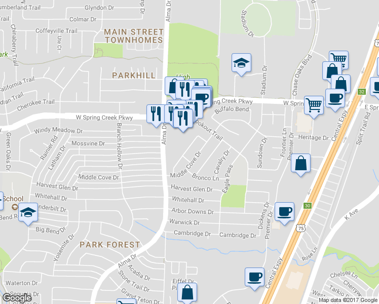 map of restaurants, bars, coffee shops, grocery stores, and more near 4020 Mountain Pass Drive in Plano