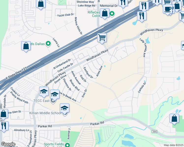 map of restaurants, bars, coffee shops, grocery stores, and more near 405 Eastland Drive in Lewisville