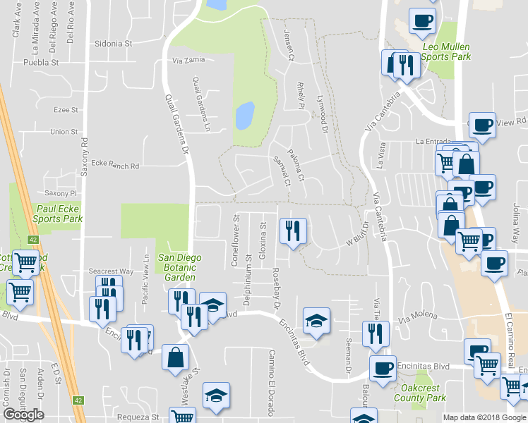 map of restaurants, bars, coffee shops, grocery stores, and more near 736 Foxglove Street in Encinitas