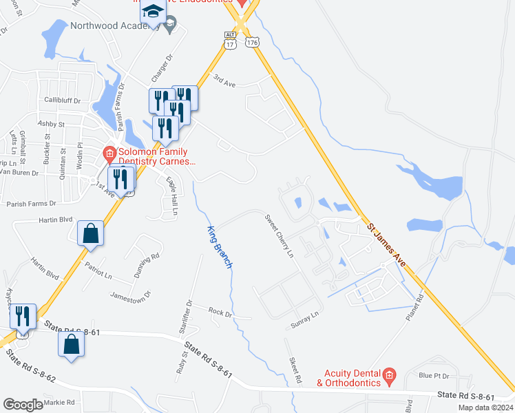map of restaurants, bars, coffee shops, grocery stores, and more near 146 Sweet Cherry Lane in Summerville