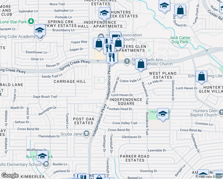 map of restaurants, bars, coffee shops, grocery stores, and more near 5309 Calumet Dr in Plano