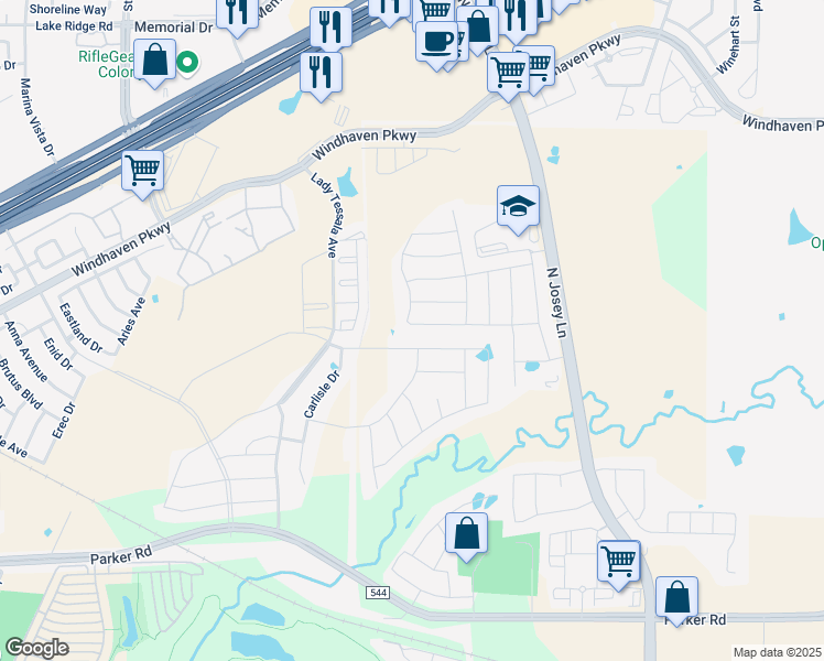 map of restaurants, bars, coffee shops, grocery stores, and more near Crider Road in Lewisville