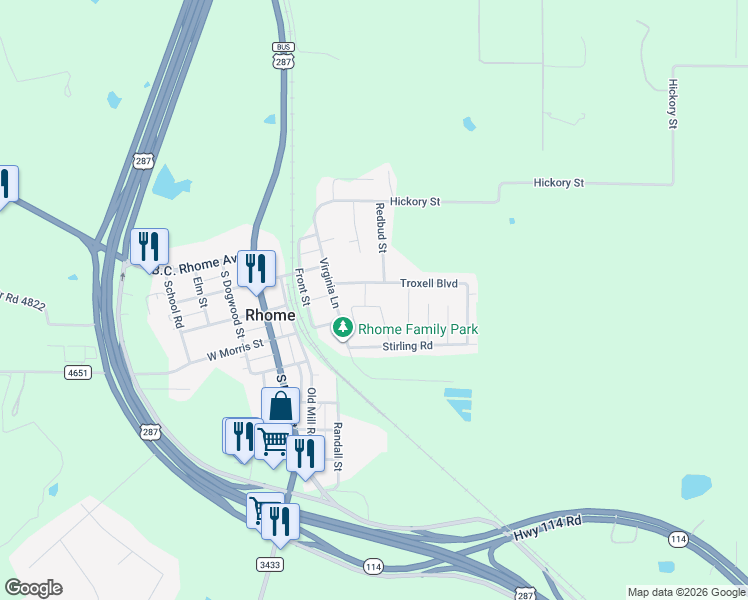 map of restaurants, bars, coffee shops, grocery stores, and more near 113 Kings Way Drive in Rhome