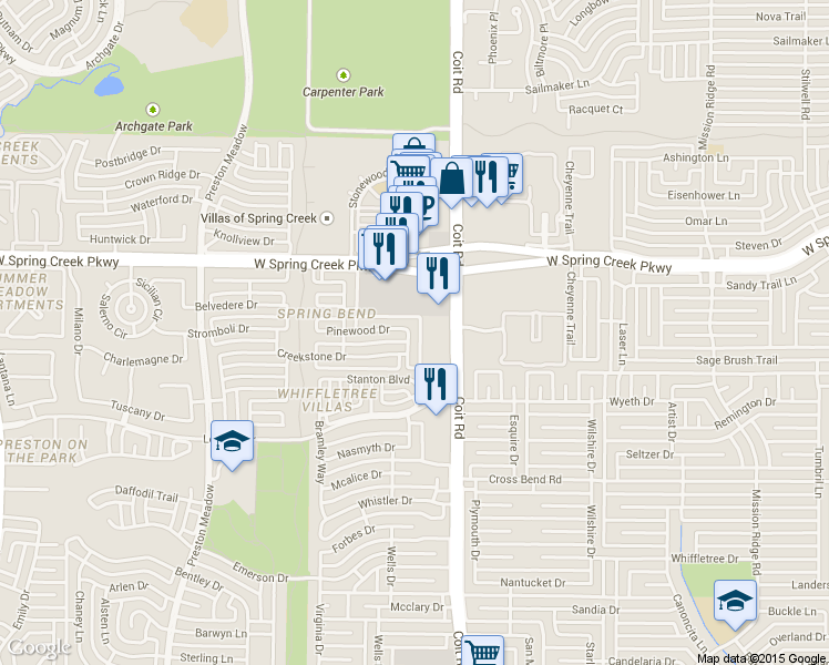 map of restaurants, bars, coffee shops, grocery stores, and more near 5824 Window Rock Drive in Plano