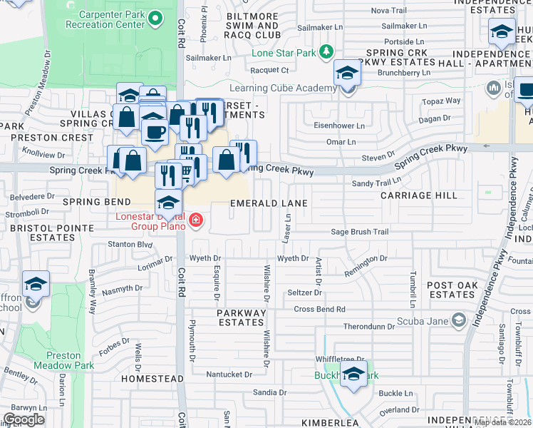 map of restaurants, bars, coffee shops, grocery stores, and more near 5117 Teddington Park Drive in Plano