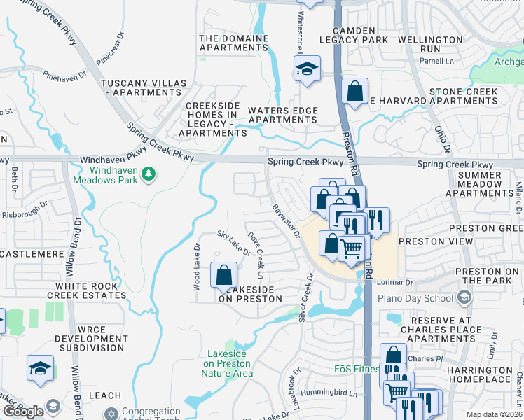 map of restaurants, bars, coffee shops, grocery stores, and more near 5801 Spring Glade Ct in Plano