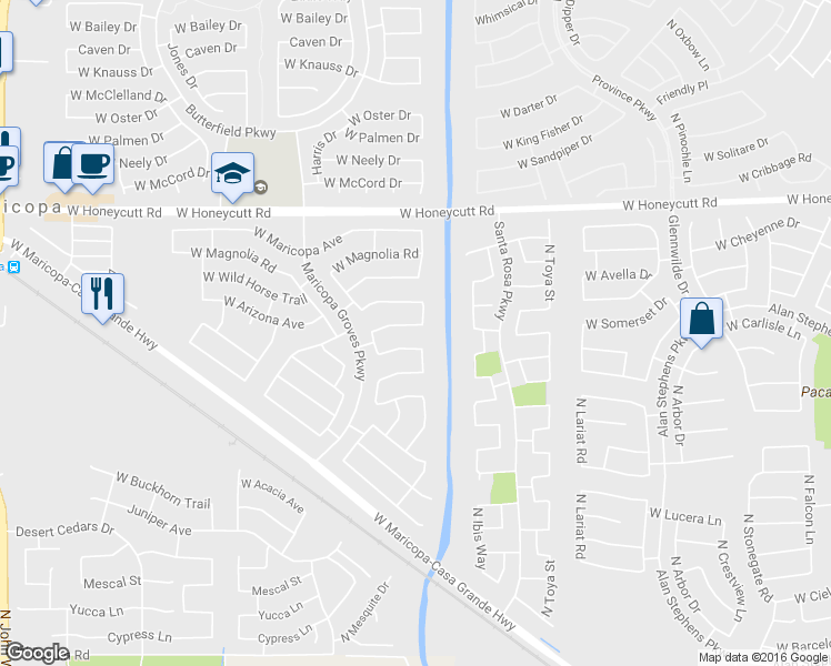 map of restaurants, bars, coffee shops, grocery stores, and more near 43215 West Kristal Lane in Maricopa