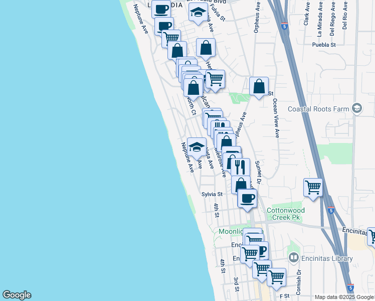 map of restaurants, bars, coffee shops, grocery stores, and more near 275 Neptune Avenue in Encinitas