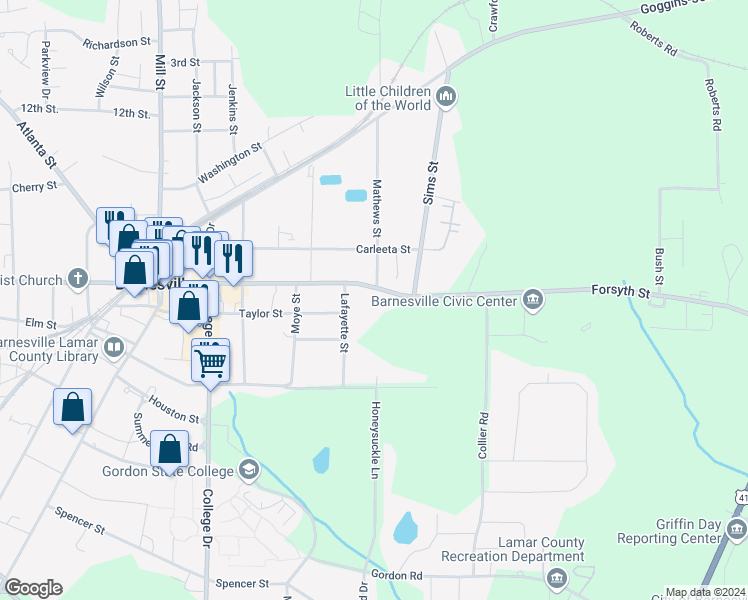 map of restaurants, bars, coffee shops, grocery stores, and more near 435 Forsyth Street in Barnesville
