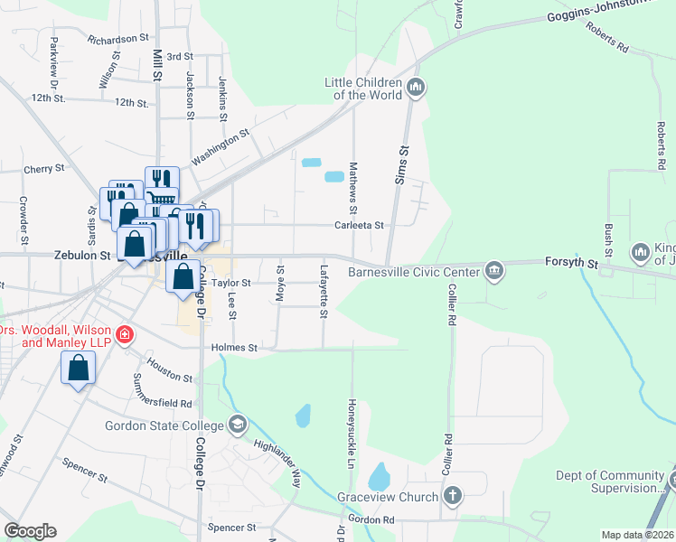 map of restaurants, bars, coffee shops, grocery stores, and more near 435 Forsyth Street in Barnesville