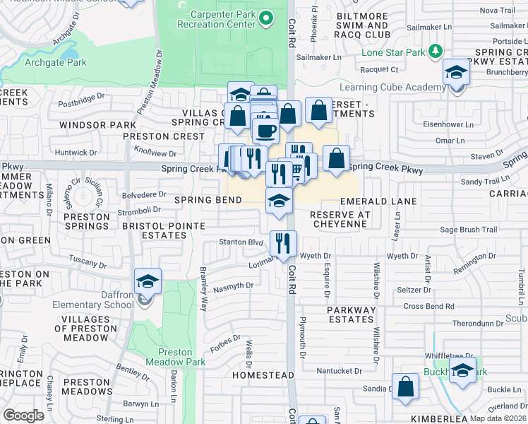 map of restaurants, bars, coffee shops, grocery stores, and more near 5824 Window Rock Drive in Plano