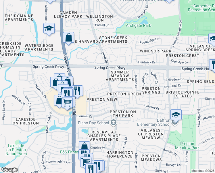 map of restaurants, bars, coffee shops, grocery stores, and more near 5800 Coldcreek Court in Plano