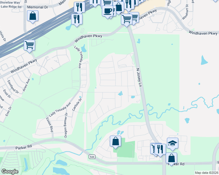map of restaurants, bars, coffee shops, grocery stores, and more near Crider Road in Lewisville