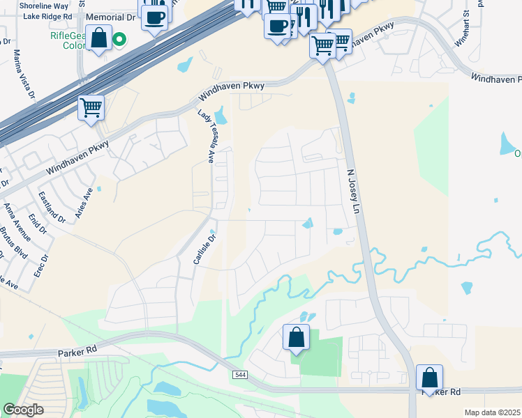 map of restaurants, bars, coffee shops, grocery stores, and more near Crider Road in Lewisville