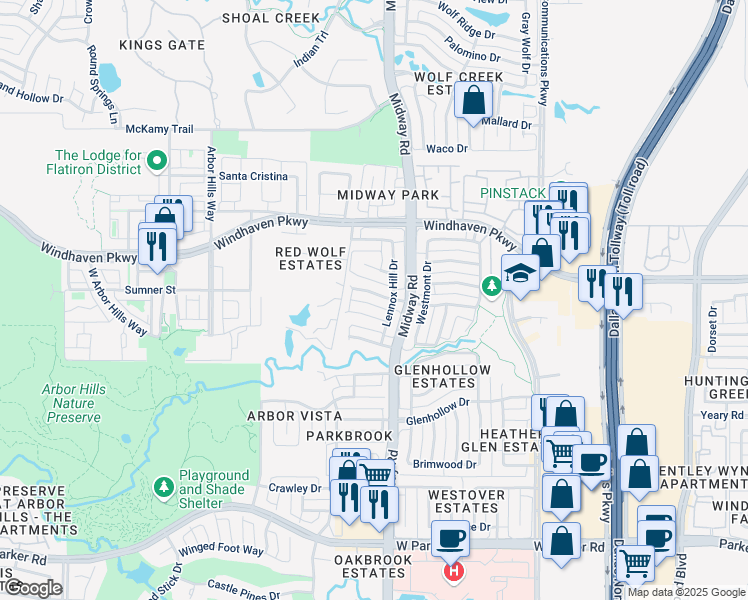 map of restaurants, bars, coffee shops, grocery stores, and more near 6416 Willowdale Drive in Plano