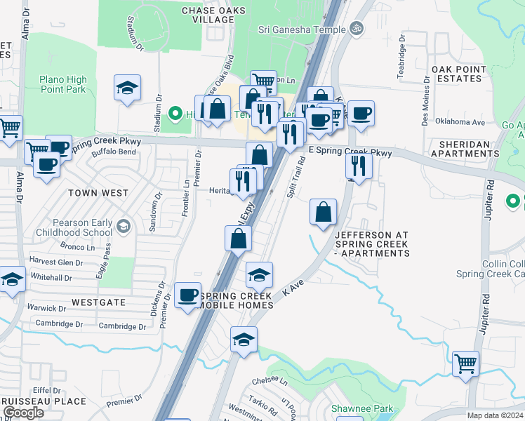 map of restaurants, bars, coffee shops, grocery stores, and more near 4030 North Central Expressway in Plano