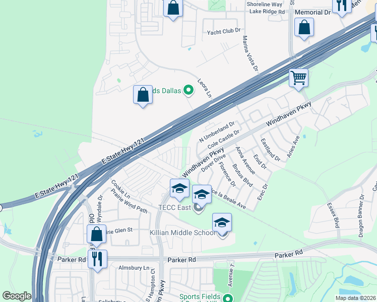 map of restaurants, bars, coffee shops, grocery stores, and more near 305 Colusa Drive in Lewisville