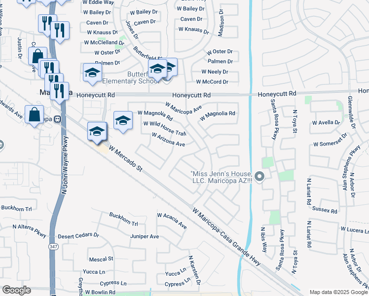 map of restaurants, bars, coffee shops, grocery stores, and more near 43613 W Arizona Ave in Maricopa