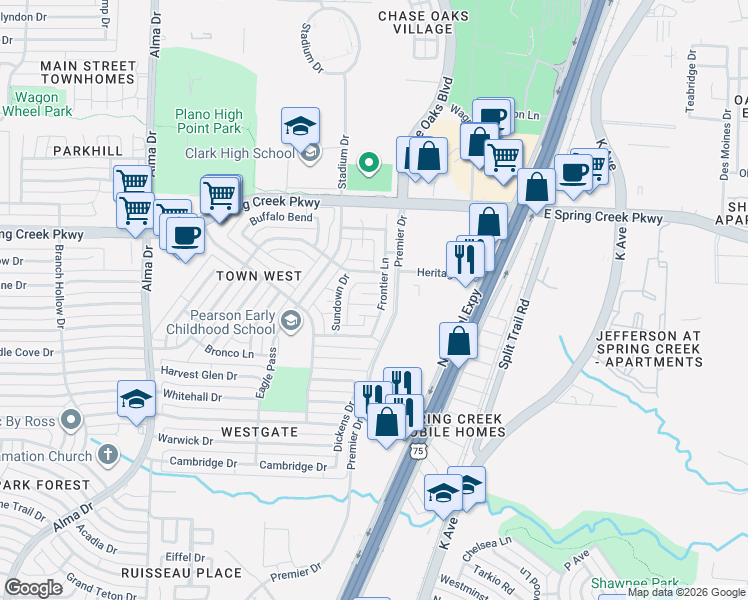 map of restaurants, bars, coffee shops, grocery stores, and more near 408 Tucson Court in Plano